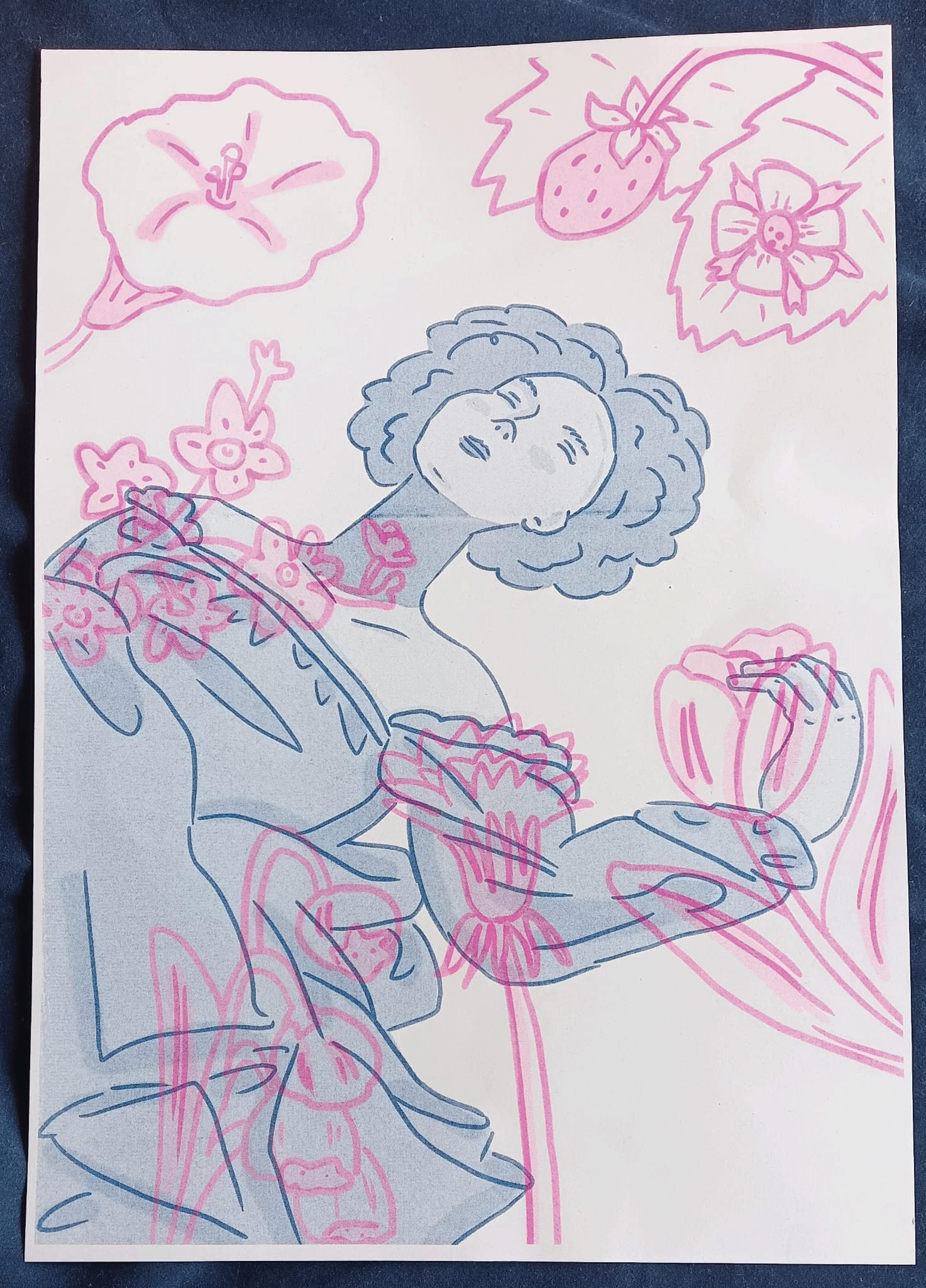 Riso print poster of a woman with flowers