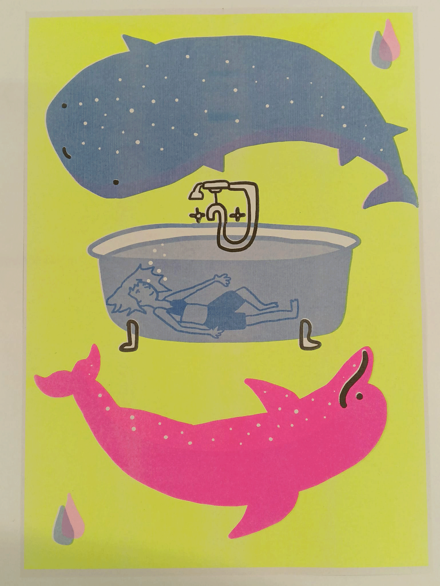 Riso print poster of a girl with a whale and a dolphin